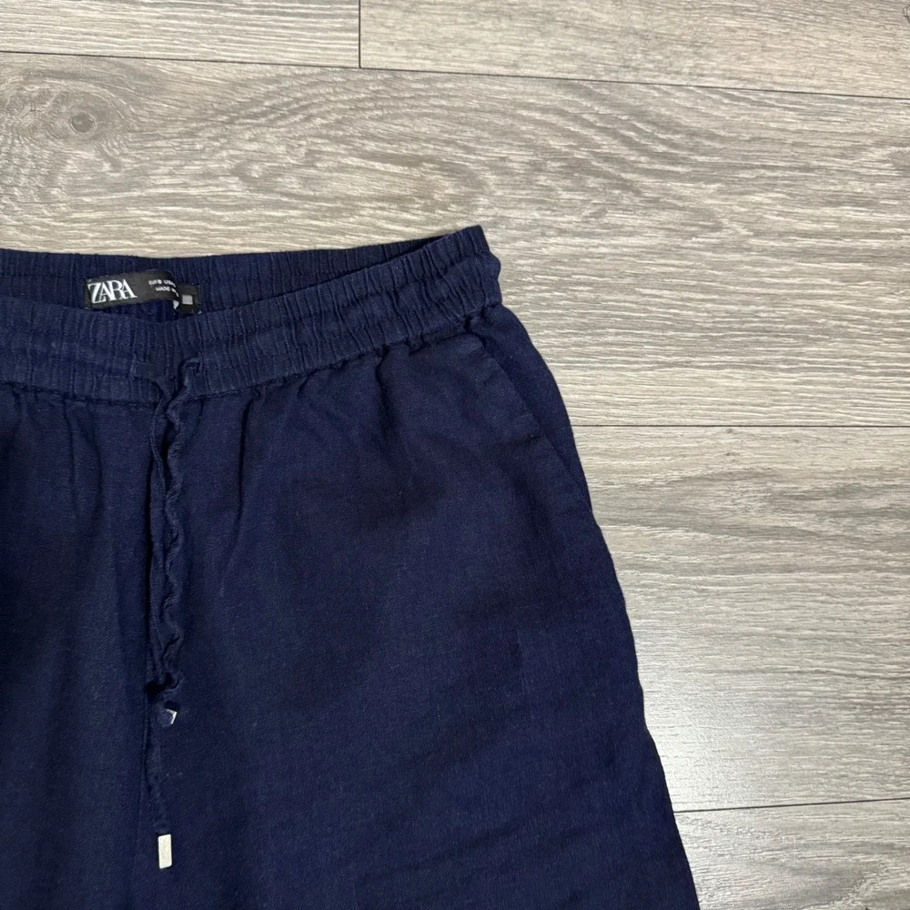 Zara Women Navy Blue Wide Leg‎ Drawstring Elastic Waist Loose Fit Pants Size S